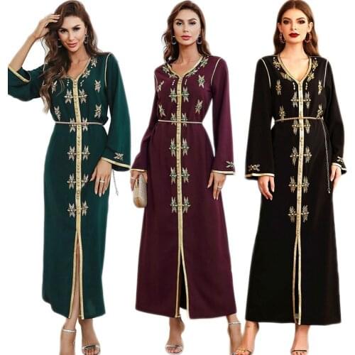 Dubai Arabic Muslim Women Long Dress Abaya Islamic Clothing Turkish Middle East Rhinestone Maxi Robe V-neck Luxury Party Evening