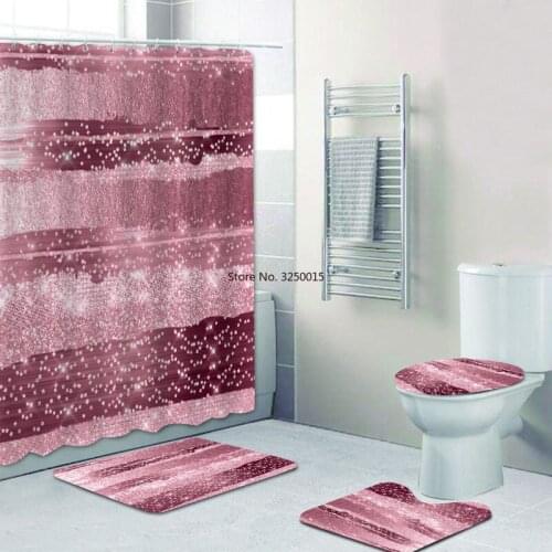 For Bathroom Elegant Trendy Silver Grey Strokes Lines Shower Curtains Set Modern Glitter Bath Mats Rugs Carpet for Toilet Decor