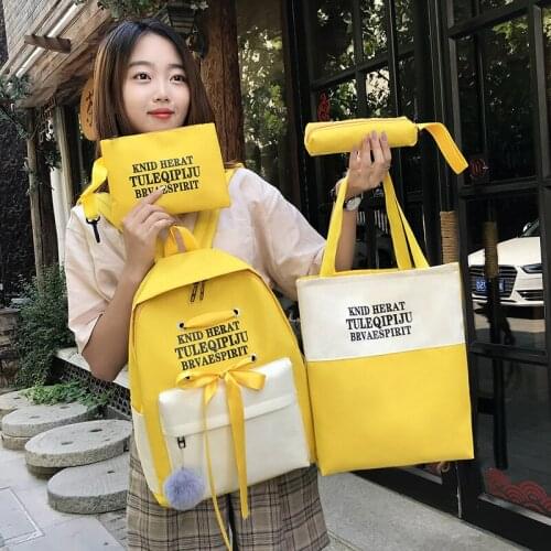 4pcs/set Canvas Backpack Women Large Capacity Contrast Color Casual Bagpack Letter Printing School Bags For Teenage Girls MD0222