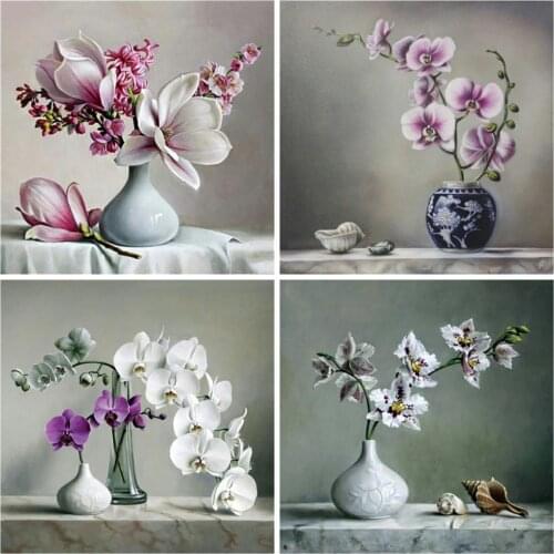 Huacan Full Drill Square Diamond Painting Orchid Flower Mosaic Embroidery Floral Vase Rhinestone Pictures Diamond Art