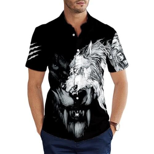 Mens summer short-sleeved shirt animal wolf tattoo design 3D print Hawaiian shirt unisex fashion Harajuku casual beach shirt