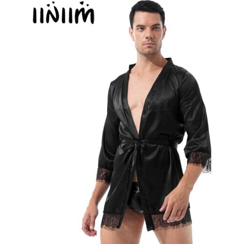 Men Pajama Underwear Long Sleeve Satin Open Front Bathrobe Sleepwear Lace Trim Belted Kimono Night-robe Sexy Sissy Nightwear