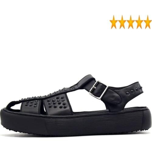 Rivets 2021 Mens Luxury Handmade Thick Platform Shoes Ankle Buckle Genuine Leather Classic Black White Male Casual Beach Sandals