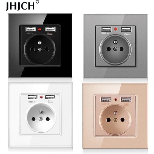 Jhjch French Standard wall socket, 16a power socket with 2100ma Dual Port USB charger, black, white, gold, 86 glass panel