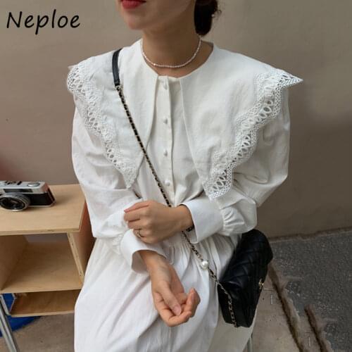 Neploe French Large Lapel Single Breasted Robe Korean Chic Lace Loose Woman Dress High Waist Puff Sleeve Long Vestidos