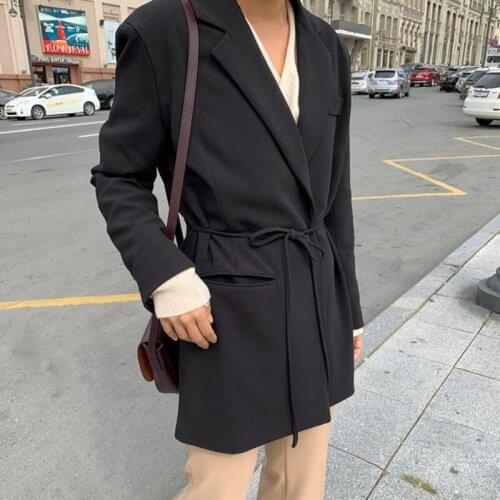 2020 New Autumn Vintage Blazers Women Formal Solid Notched Lace-up Casual Mid-length Blazer Loose Elegant OL Suit Jacket