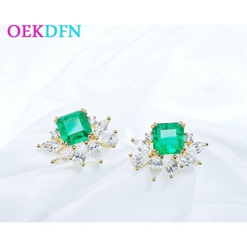 OEKDFN 100% 925 Sterling Silver Stud Earrings Emerald Created Moissanite Gemstone Wedding 18K Yellow Gold Studs Flower Jewelry