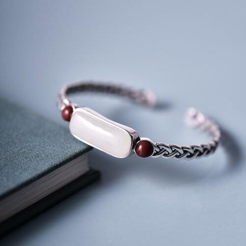 Original design natural Hetian white jade hemp rope bracelet Chinese style retro unique craft charm womens silver jewelry