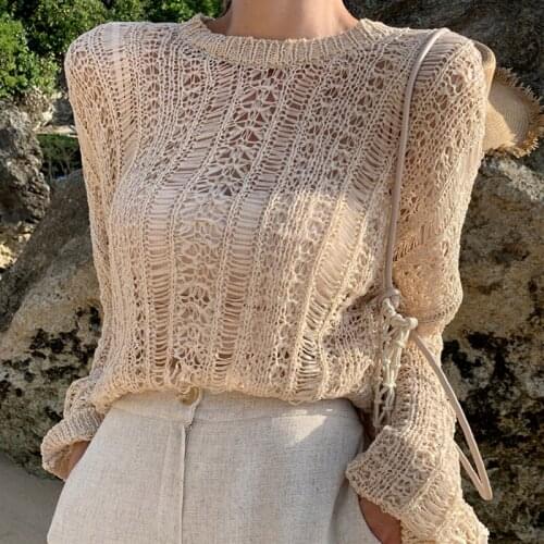 2021 Autumn and Summer New Hollow Out Loose Tops Sweater Sunscreen Fashion Girls' Blouse Knitted Camisole Tops for Women 15582