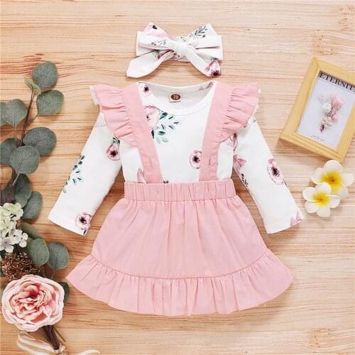 Autumn Sweet Newborn Baby Girls Set Romper Skirt Bow-knot Headband Casual Outfits Clothes 0-24Months