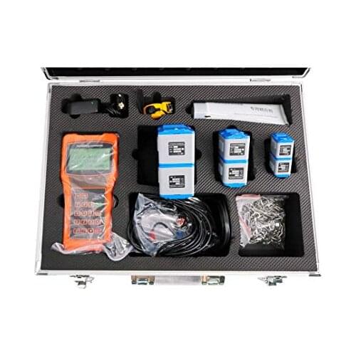 Handheld portable ultrasonic water flow meter with clamp on sensors