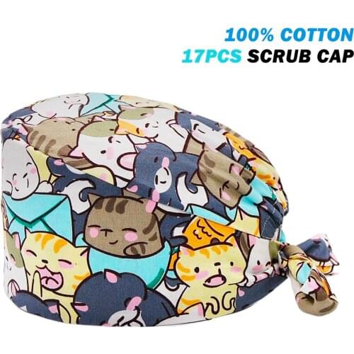 Clearance Scrubs Caps Adjustable 100% Cotton Letter Cat Printing Nursing Hat Beauty Salon Pet Shop Working Accessories Scrub Cap