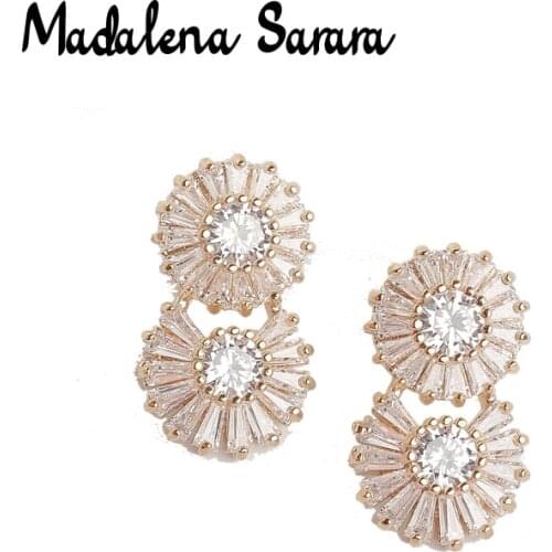 MADALENA SARARA S925 Needle Dangle Earring AAAA Cubic Zirconia And Crystal Inlaid Twist Flower Style Girls Earring