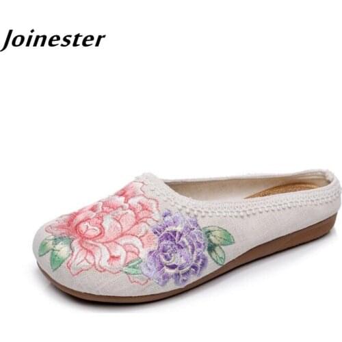 Flat Heel Cotton Fabric Women Slippers Vintage Embroidered Linen Slides for Ladies Ethnic Summer Mules Female Backless Sandals