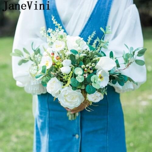 JaneVini Artificial White Wedding Bouquets Bridal Flowers Trouw Boeket Silk Rose Calla Bridesmaid Bride Bouquet Handle Mariages