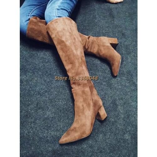 Suede Brown Block Chunky Heel Knee High Boots Pointed Toe Slip On Women Casual Boots Heel 8 cm Real Picture Shoes