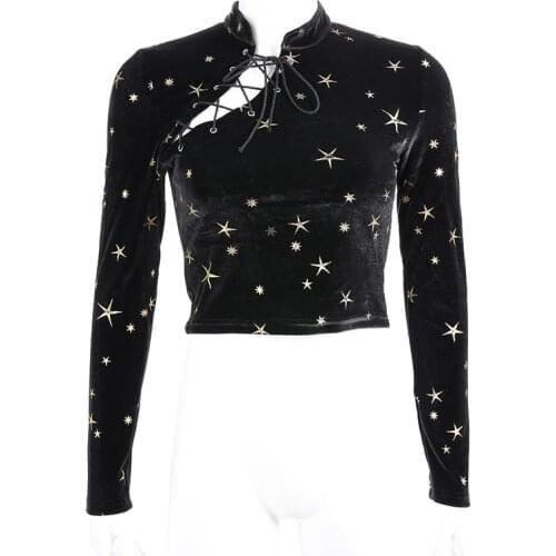 2019 Velvet Chinese Style Stars Printing Bandage Long Sleeve Lace-Up T Shirts WomenS Fashion Hollow Out Short Tops Tee Female