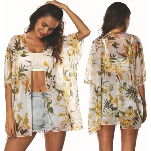 Women Bikini Cover Up Swimwear Women Beach Cardigan Sexy Swimsuit Floral Printed Bathing Suit Beach Robe De Plage Cover Ups