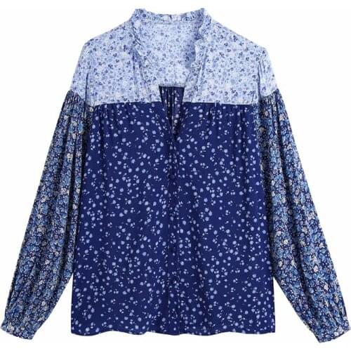 Spring and autumn womens casual flower print V-neck long-sleeved ruffled loose-fitting shirt