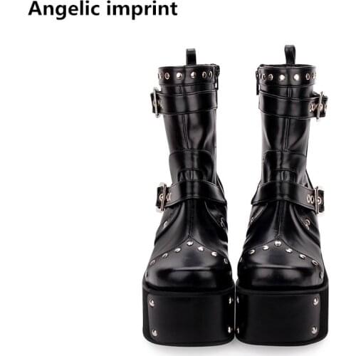 Angelic imprint mori girl Women motorcycle punk boots lady lolita Boots woman high heels pumps wedges platform shoes RIVETS 8cm
