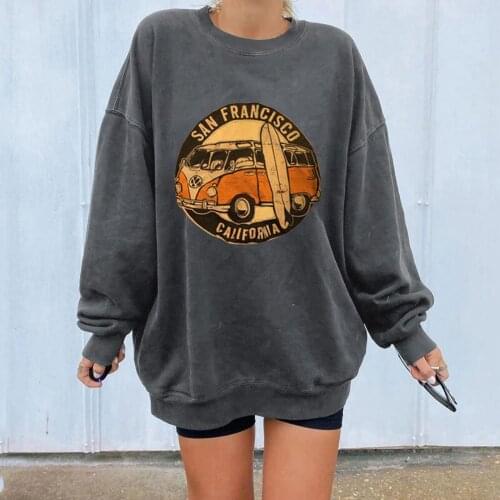 Womens Sweatshirts Harajuku Retro O-Neck Loose Tops Ladies Casual Car Printing Long Sleeved Pullover Plus Size Sweatshirt G4