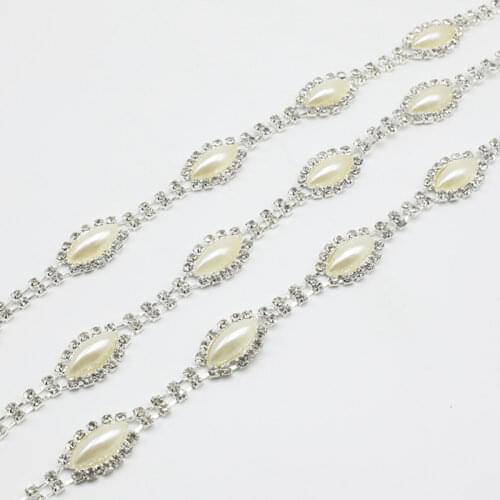 1 Yard Rhinestone Pearl Silver Tone Fashion Bridal Costume Applique Sewing Trims