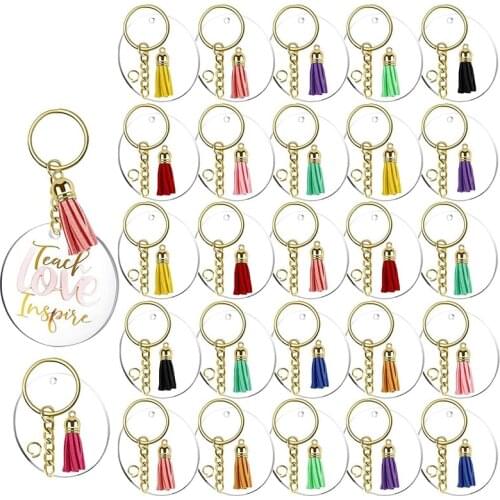 120Pcs Acrylic Keychain Blanks Tassels Clear Circle Blanks with Hole Key Rings with Chain Jump Rings for DIY Keychains