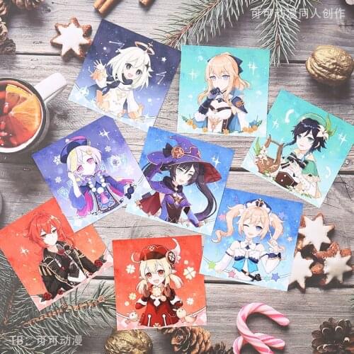 Anime Game Genshin Impact Mondstadt Mona Klee Diluc Postcard Post Cards Cosplay Cartoon Props Set Xmas Gifts