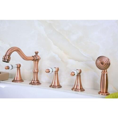 Antique Red Copper Brass Widespread Three Handles Deck Mounted 5 Holes Bathroom Tub Faucet Mixer Tap With Handshower mtf213