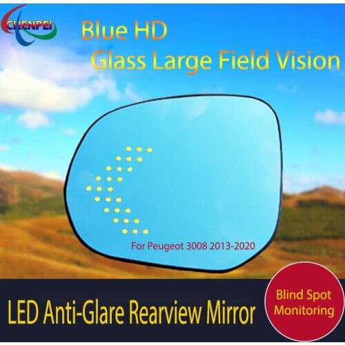 Large View Blue Mirror Anti-Glare Electrically Heated Rearview Mirror With LED Turn Indicator For Peugeot 3008 2013-2020