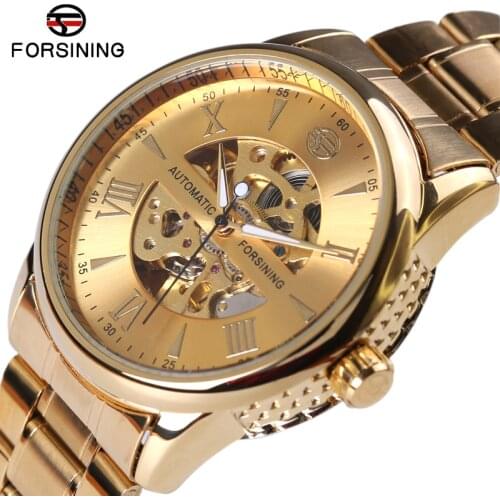 Forsining Retro Golden Series Transparent Case 3D Logo Stainless Steel Mens Watches Top Brand Luxury Mechanical Skeleton Watches