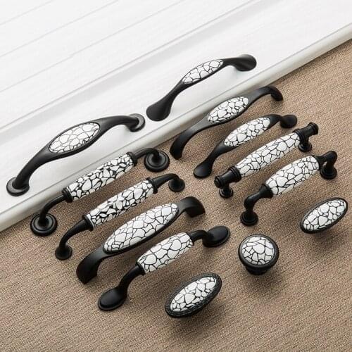 Black Emboss Wardrobe Door Handles Marble Ceramic Cabinet Handles Drawer Knobs American Style Furniture Hardware Pulls