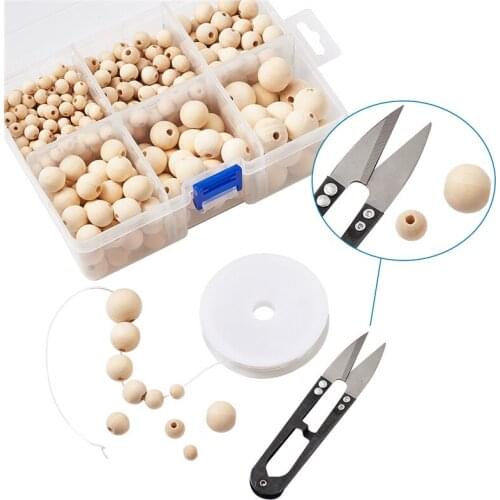 Pandahall 1Box 8-18mm Wood Beads and Sharp Steel Scissors and 1mm Elastic Crystal Thread for Jewelry Making DIY Findings