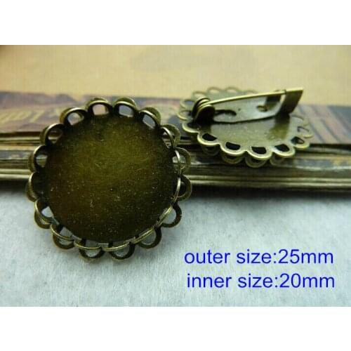 DIY Brooch Materials - Antique Bronze Plated Lace Blank Brooch Pin For 20mm Cabochon,Outer Size is 25mm Brooch Base Cups,20 pcs