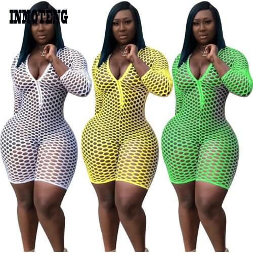 INMOTENG Hollow Out Fishnet Jumpsuit Women Sexy Zipper V Neck See Though Summer Shorts Romper Beach Night Club Playsuit outfits