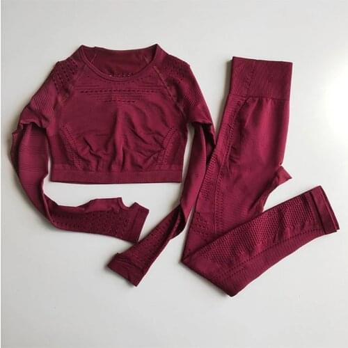 2PCS Yoga Set Sportswear Women Pants Fitness Clothes Gym Energy Seamless Leggings Long Sleeve Crop Top Workout Set Sport Suit