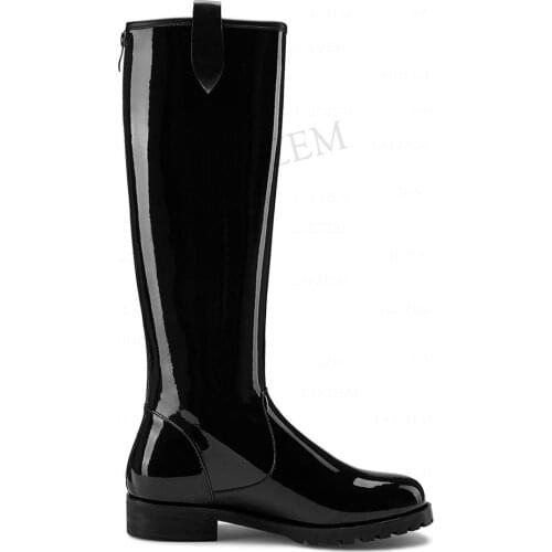 LAIGZEM Shiny Women Knee High Boots Low Heels Genuine Leather Back Zip Ladies Black Autumn Winter Shoes Woman Big Size 33 43 45