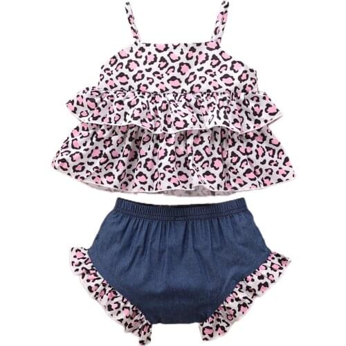 2Pcs Baby Summer Clothing Leopard Print Ruffle Spaghetti Straps Vest + Elastic Waist Shorts for Toddler Girls 0-24 Months