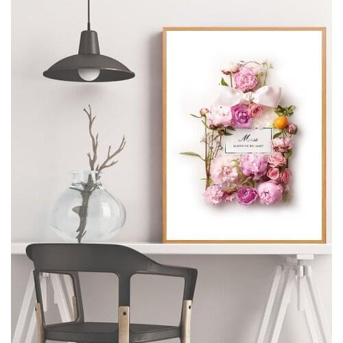 Fashion Blush Pink Perfume Flower Bottle Posters and Prints Luxury Decor Miss Blooming Bouquet Vogue Pictures Canvas Painting