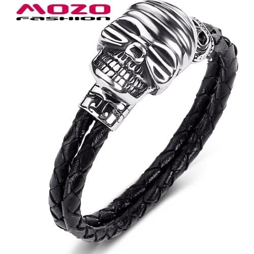 Men Jewelry Black Genuine Leather Women Bracelets Stainless Steel Punk Mummy Skull Charm Exaggeration Bangles