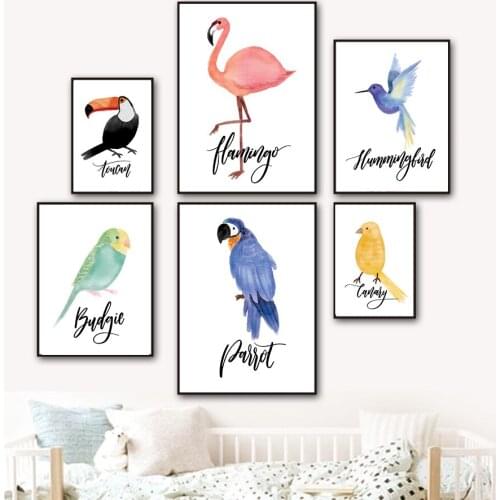 Wall Art Canvas Painting Flamingo Sparrow Parrot Nordic Posters And Prints Cartoon Animal Wall Pictures For Kids Room Home Decor