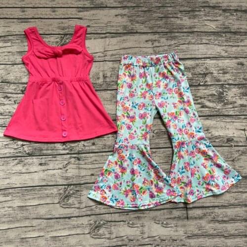 Fall/winter Baby Girls Children Clothes Hot Pink Sleeveless Tunic Floral Bell-bottoms Pants