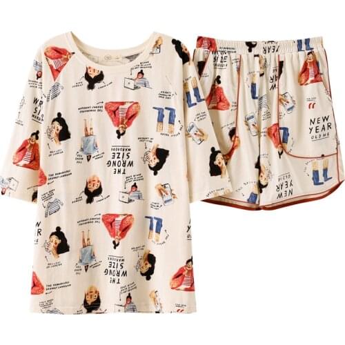 Pajamas womens summer loose plus size sweet and cute student short-sleeved shorts can be worn outside home service suits