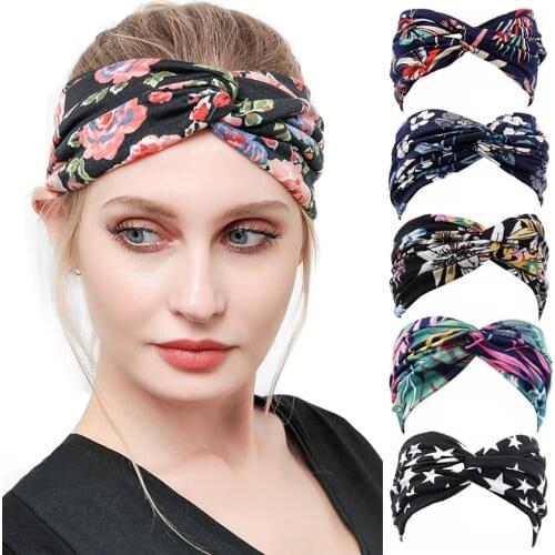 Womens Wide Bohemian Sports Yoga Headbands Fashion Floral Print Summer Elastic Running Nonslip Cross Turban Stretchy Hair Band