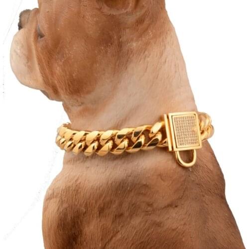 Gold Dog Chain Plated Collars Thick Large Dog Collar Pitull Curb Cuban Pet Link Stainless Steel Pet Supplies 12~32 inch
