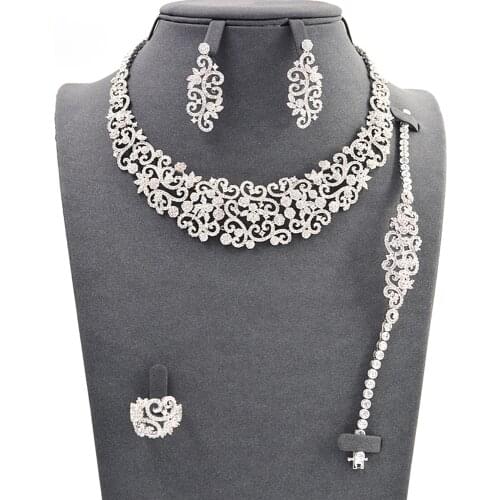 TIRIM Luxury Sets Silver Plated Cubic Zirconia Wedding Necklace Earrings Bracelet Ring Bridal Jewelry Set for Brides Classic