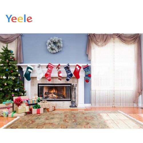Christmas Decor Tree Carpet Fireplace Curtain Wooden Floor Backdrop Photography Custom Photographic Background For Photo Studio