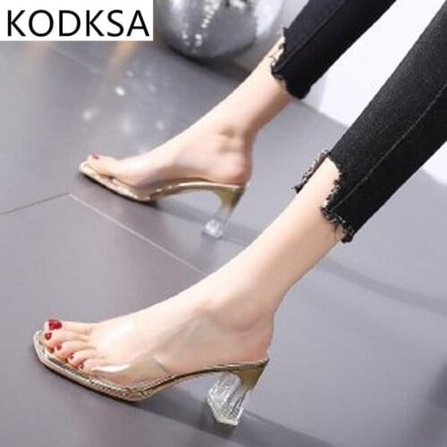 Sandals And Slippers 2021 Korean Womens Summer Transparent Belt Thick Heel Crystal High Heel Sandals And Slippers Outer Wear