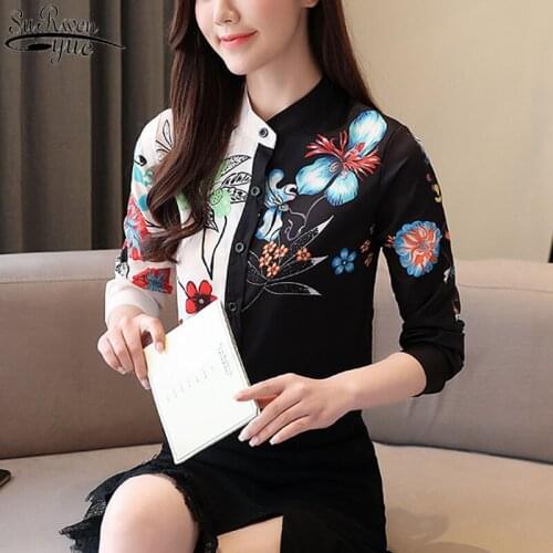 Spring 2021 Long Sleeve Chiffon Blouse Shirts Print Casual Plus Size Female Tops Stand Collar Vintage Women Shirt Blusas 8004 50