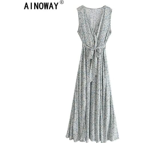 Vintage chic women floral print sleeveless beach Bohemian maxi dress Ladies cross v-neck Split rayon floor-length Boho sundress
